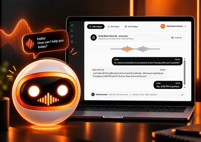 Quto AI Voice Agent desktop console showing live voice interaction and caller waveform